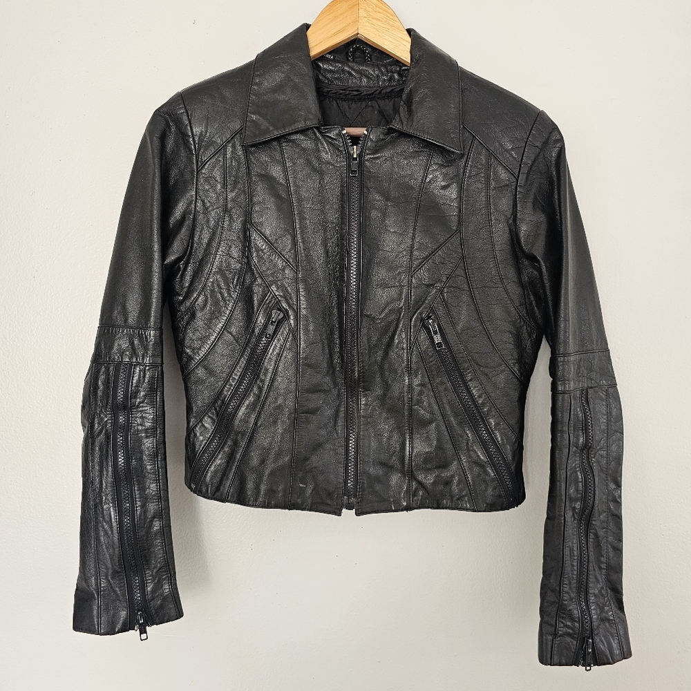 Vintage Wilson's semi cropped moto biker black leather jacket size 8 small